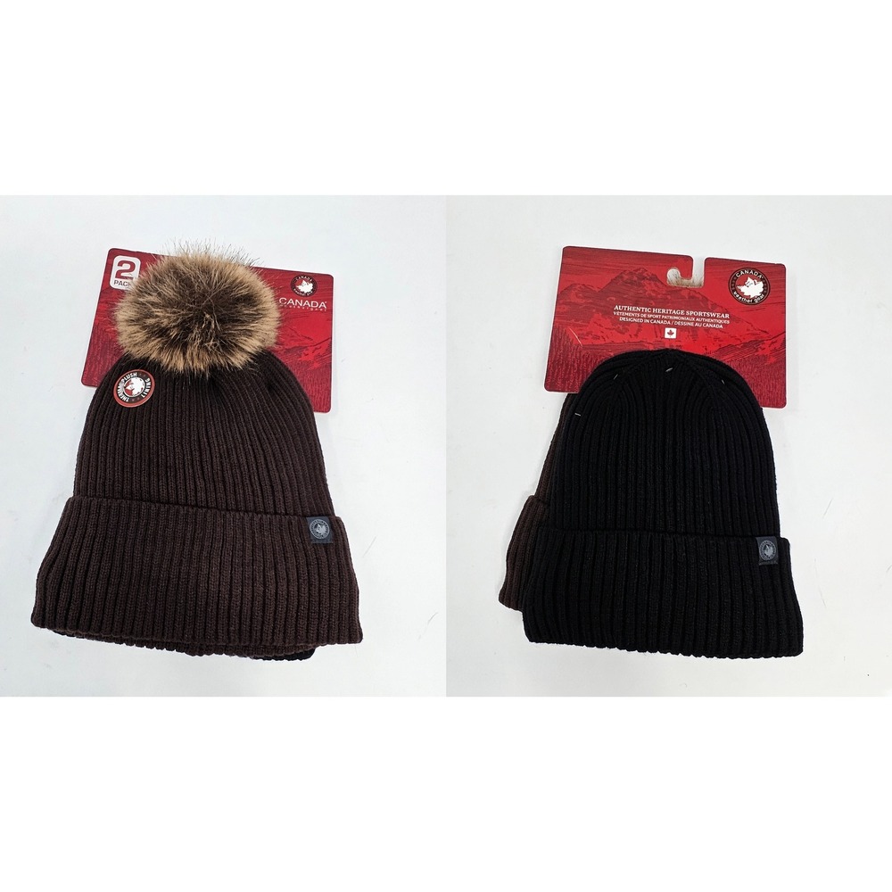 Canada Weather Gear Beanie Hat NEW 2 Pack Womens Thermal Pom Pom Black Brown